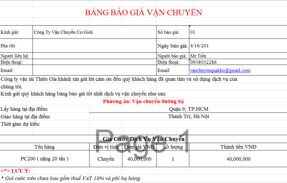 Giá cước vận chuyển máy công trình cơ giới tuyến Sài Gòn, Hà Nội